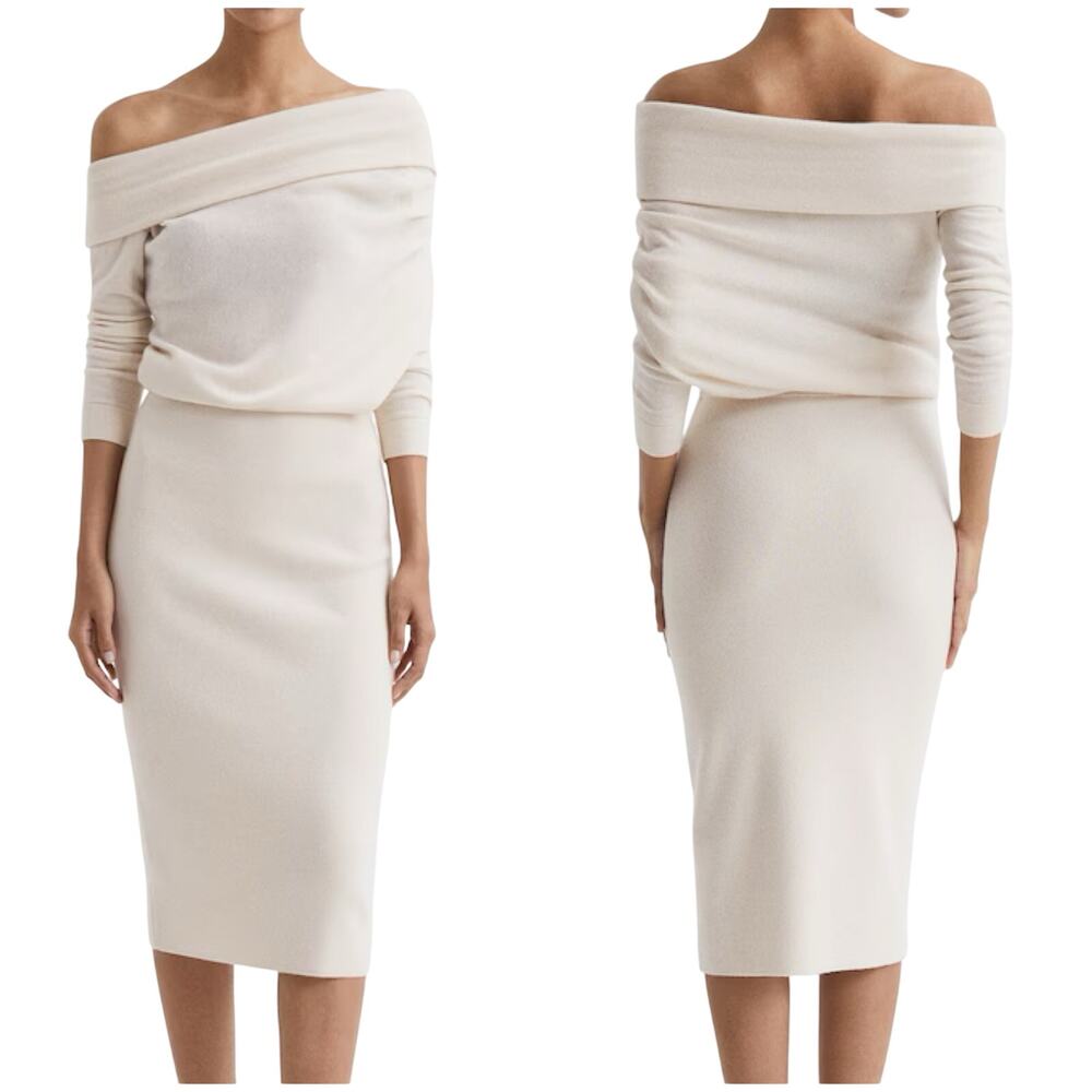 Reiss Off-Shoulder Cream Midi Dress